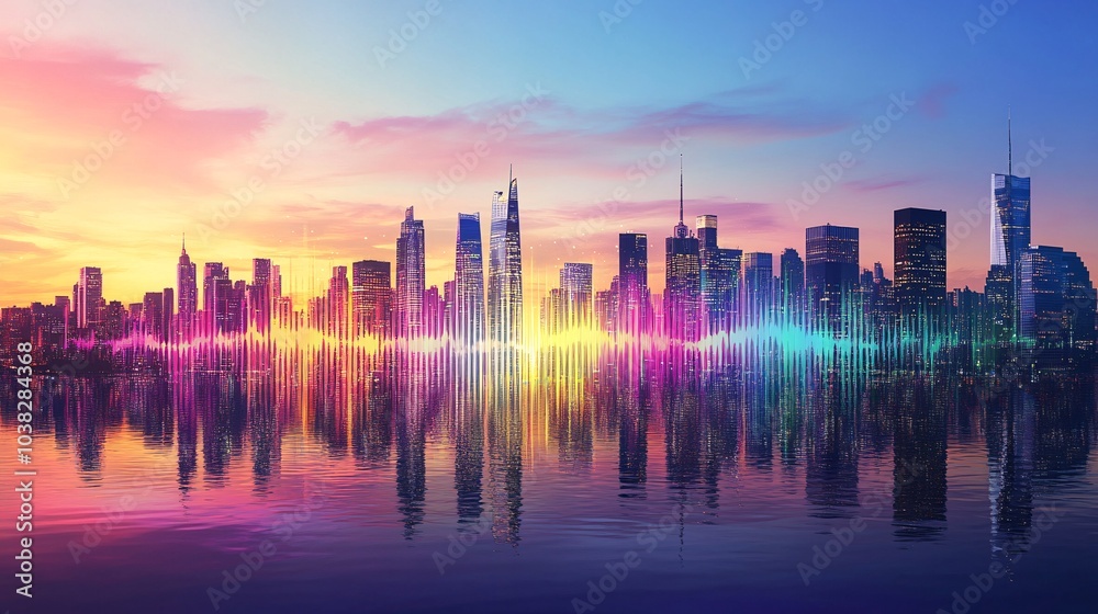 Fototapeta premium Vibrant City Skyline at Dusk with Sound Waves
