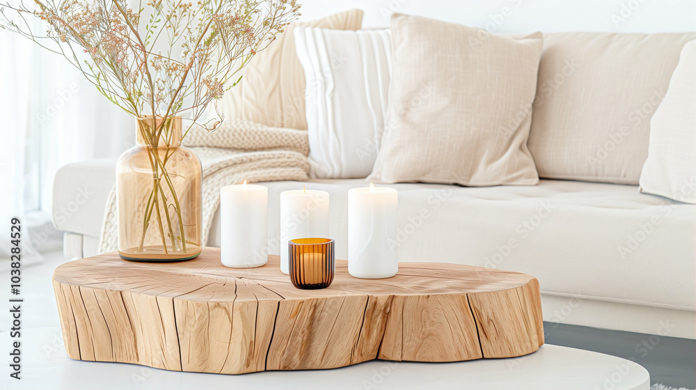 Wooden table with candles and home decor in cozy living room atmosphere Wooden table with candles and home decor in cozy living room atmosphere