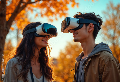 Couple Immersed in Virtual Reality Experience Outdoors on a Beautiful Autumn Day