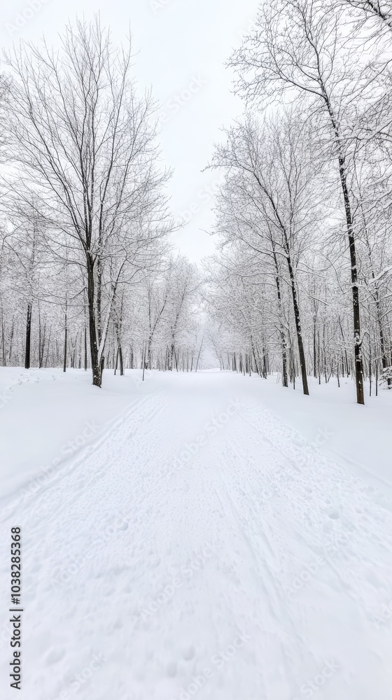 Snow-covered path surrounded by bare trees in a winter wonderland. Snow-covered path surrounded by bare trees in a winter wonderland.