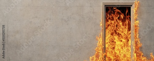 A doorway engulfed in flames symbolizes the chaos of unresolved issues, set against a stark concrete background, evoking urgency and concern. photo