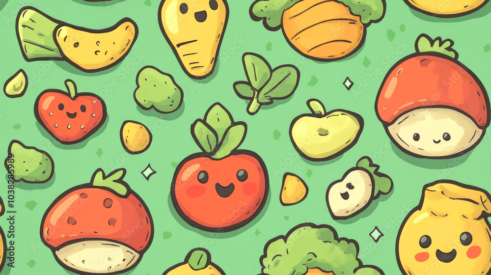 Seamless pattern of happy cartoon vegetables and fruits on green background. Seamless pattern of happy cartoon vegetables and fruits on green background.