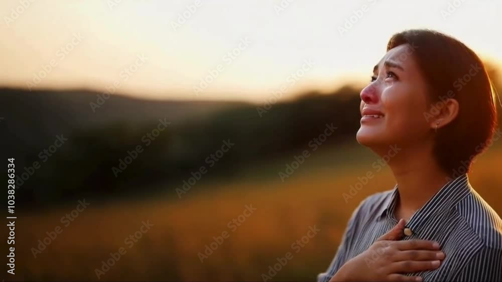 Woman Crying in Field with Sunset in Background Woman Crying in Field with Sunset in Background