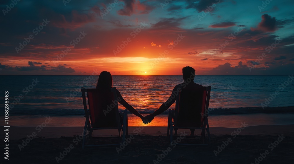 Silhouette of a couple holding hands and watching the sunset on the beach. Silhouette of a couple holding hands and watching the sunset on the beach.