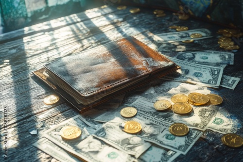 A stylish wallet rests on a textured table surrounded by scattered coins and dollar bills. The warm light casts beautiful shadows. Ideal for financial concepts. Generative AI photo