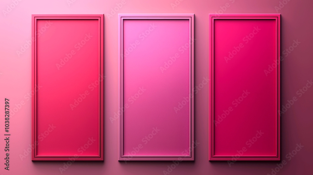 Three pink picture frames on a pink wall with subtle gradient. Three pink picture frames on a pink wall with subtle gradient.