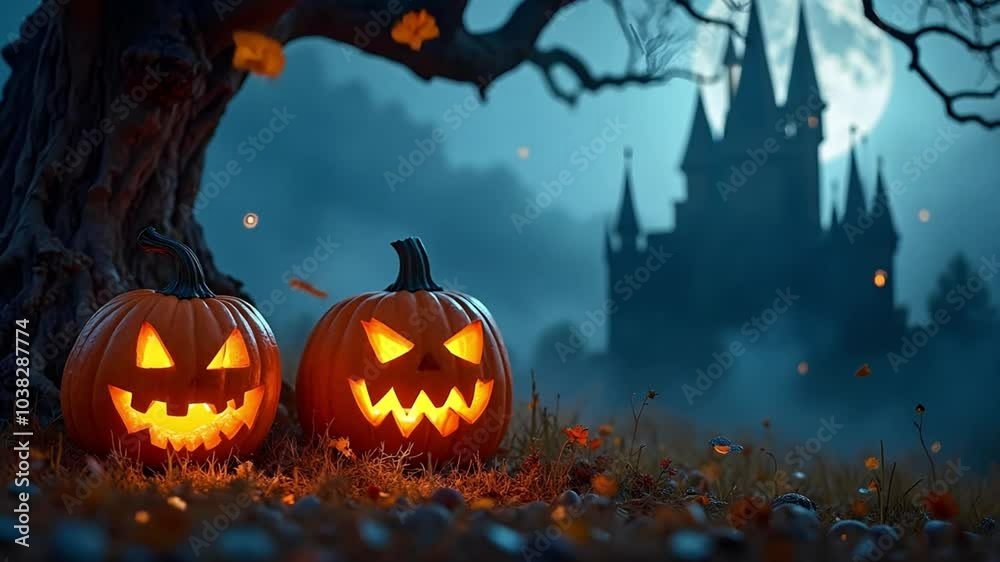 Two Jack-o'-Lanterns Lit Up in Front of a Haunted Castle Under a Full Moon