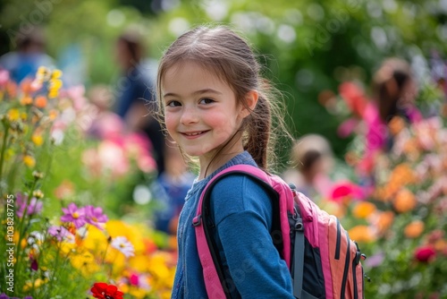 A cheerful young girl in a colorful flower garden is smiling with joy. She carries a pink backpack. This vibrant scene captures innocence and happiness. Generative AI photo