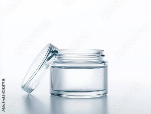 Wallpaper Mural A clear glass jar with a silver lid, partially open, showcasing a transparent liquid inside against a white background. Torontodigital.ca