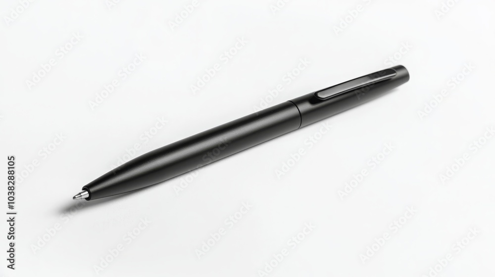 A sleek black pen lies on a white surface, showcasing a minimalist design perfect for writing or office use.
