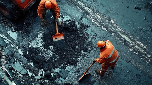 people repair potholes on the road. selective focus