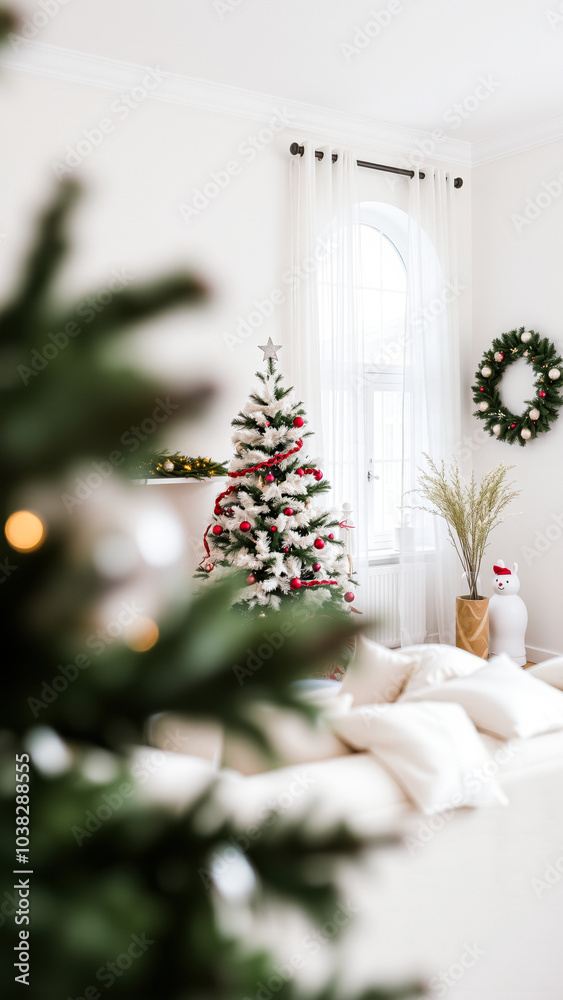frosted pine tree with red ornaments stands a white room frosted pine tree with red ornaments stands a white room