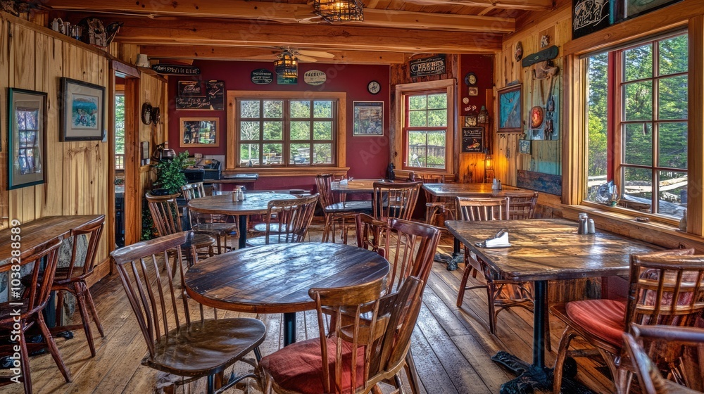 Cozy Rustic Dining Space with Wood Tables and Windows Cozy Rustic Dining Space with Wood Tables and Windows