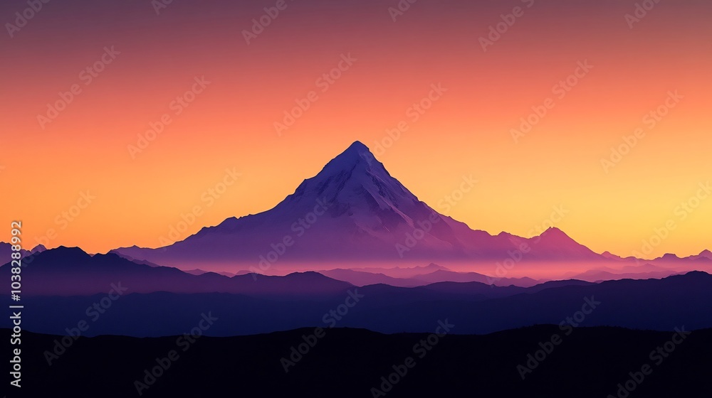 Minimalist background showcasing a towering single mountain peak its silhouette sharp against a stunning gradient sky that fades from warm orange to deep purple evoking tranquility and awe Minimalist background showcasing a towering single mountain peak its silhouette sharp against a stunning gradient sky that fades from warm orange to deep purple evoking tranquility and awe