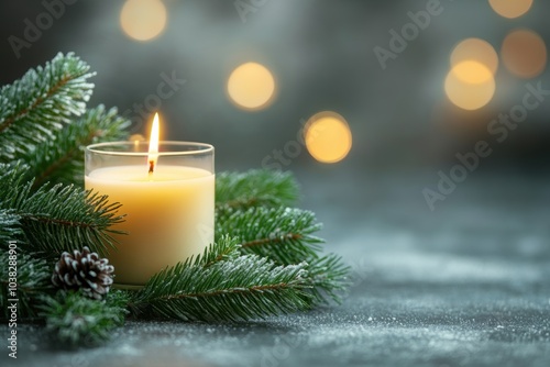 christmas candle decor, a festive scene featuring a lit candle, fresh fir branch arrangement, and christmas background with space for text, enhancing holiday decor with a natural touch