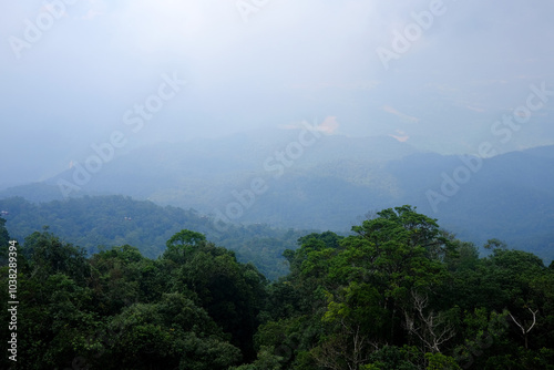 Foggy sky with green mountains seen from Bana Hills in Danang, Vietnam