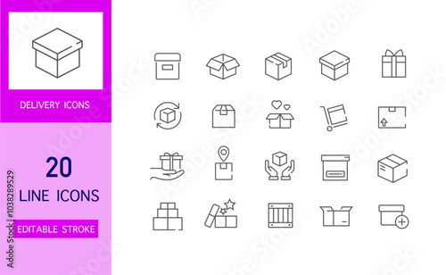 A delivery box. Package. Delivery. Container. Logistics. A set of editable icons. Linear style. Vector. Delivery Icons