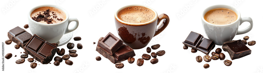 Realistic cups of hot chocolate with chocolate bars and coffee beans isolated on transparent background perfect for dessert cafe ads or cozy winter-themed promotions