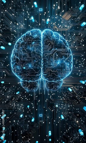 Digital brain in futuristic low poly wireframe background vertical video. Artificial intelligence brain vertical video.	