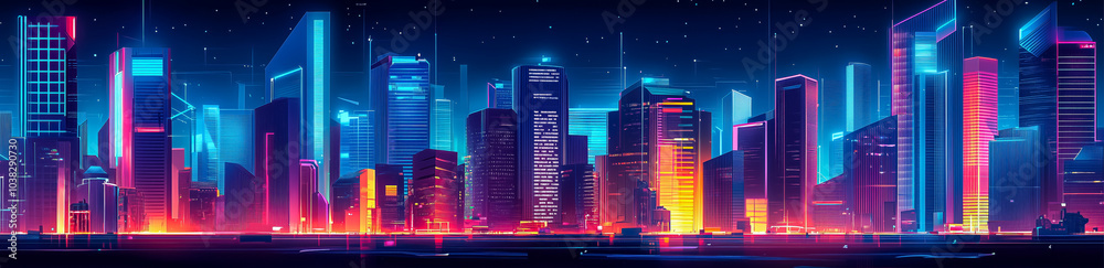 Aerial view of multicolored illuminated skyscrapers and high rise buildings located against dark cloudy night sky Aerial view of multicolored illuminated skyscrapers and high rise buildings located against dark cloudy night sky
