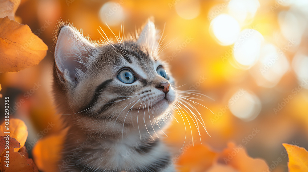 Fototapeta premium Curious tabby kitten looking up at autumn leaves