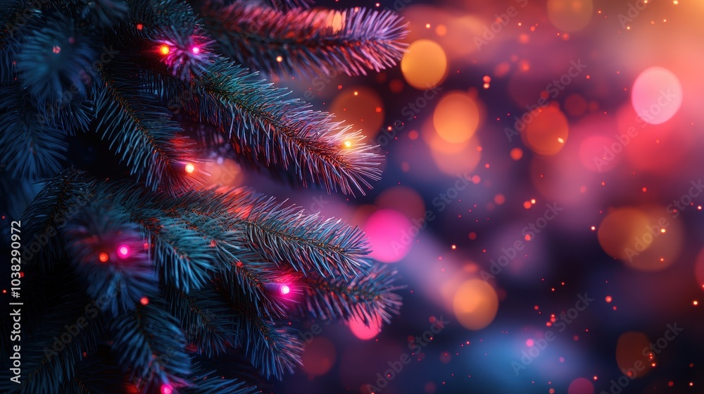 New Year's trees, a branch of a conifer tree, which is decorated with colorful neon lights. Blurred background. Christmas illustration, Generative AI. New Year's trees, a branch of a conifer tree, which is decorated with colorful neon lights. Blurred background. Christmas illustration, Generative AI.