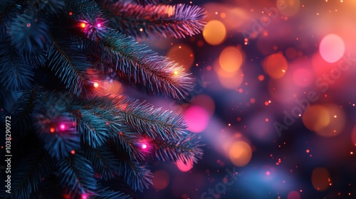 New Year's trees, a branch of a conifer tree, which is decorated with colorful neon lights. Blurred background. Christmas illustration, Generative AI.