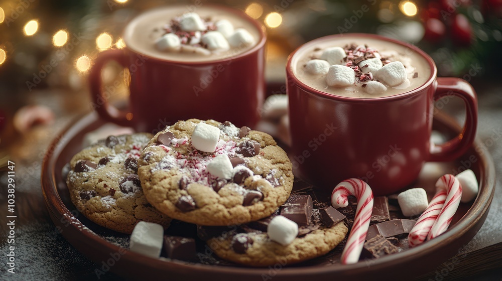 Two mugs of hot chocolate with marshmallows and chocolate chips, surrounded by cookies, candy canes, and chocolate chunks on a brown plate. Two mugs of hot chocolate with marshmallows and chocolate chips, surrounded by cookies, candy canes, and chocolate chunks on a brown plate.