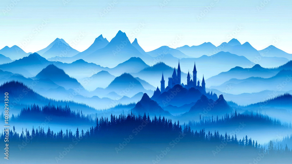 Obraz premium A distant castle silhouette rises above a misty mountain range with blue hues.
