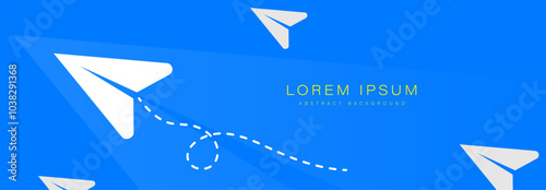 Abstract background with paper plane shapes and dashed flight paths in blue and white tones