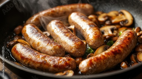 Sizzling Sausages Cooking in a Pan