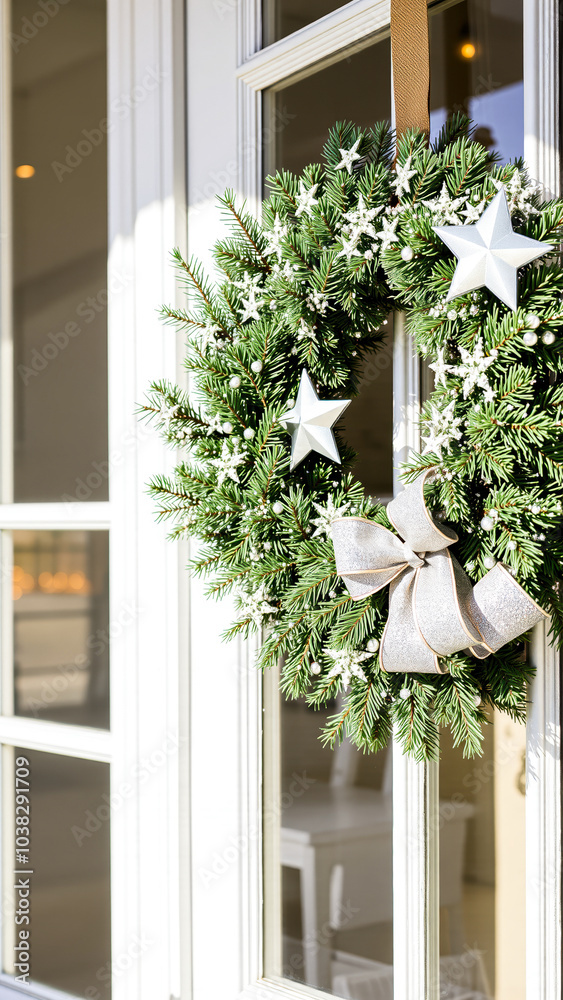 Fototapeta premium festive evergreen wreath with silver stars adorns a white door