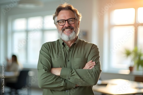Confident Mature Man Smiling with Arms Crossed in Bright Office