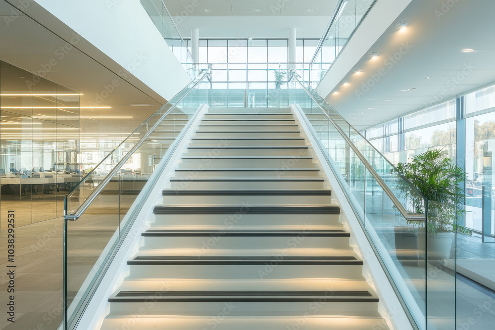 Modern office interior featuring sleek staircase with glass railings, illuminated steps, and large windows allowing natural light to flood space, creating bright and inviting atmosphere Modern office interior featuring sleek staircase with glass railings, illuminated steps, and large windows allowing natural light to flood space, creating bright and inviting atmosphere