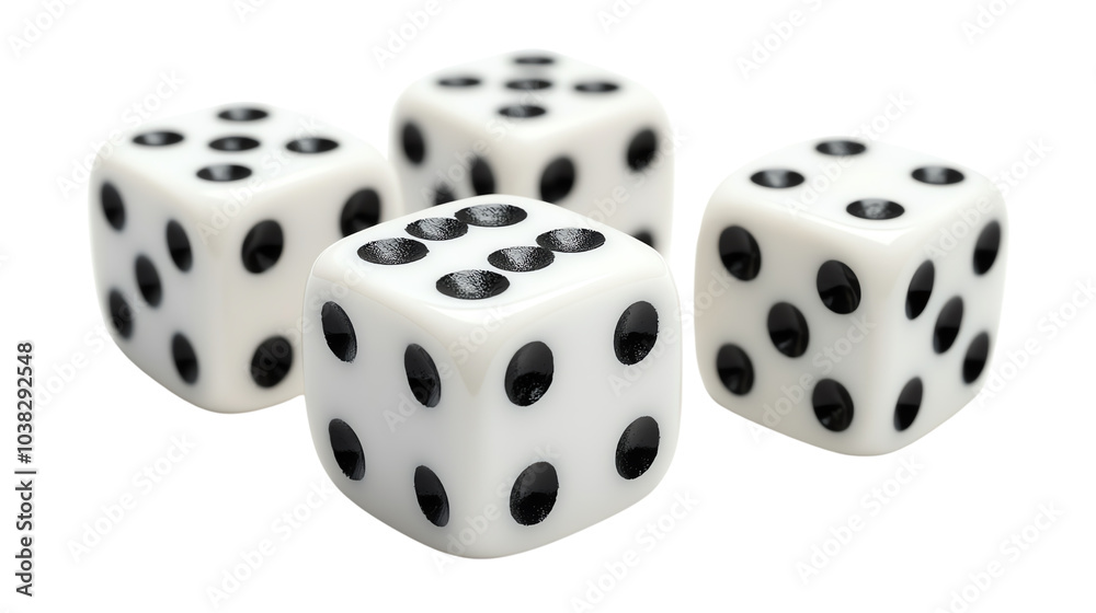 A close-up of four classic white dice with black dots, showcasing their design and playfulness.,Transparent background A close-up of four classic white dice with black dots, showcasing their design and playfulness.,Transparent background