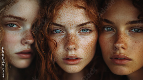 Three faces with freckles and closed eyes, illuminated by soft light, pressed against each other, the skin shines with moisture, creating an image of calm and harmony.