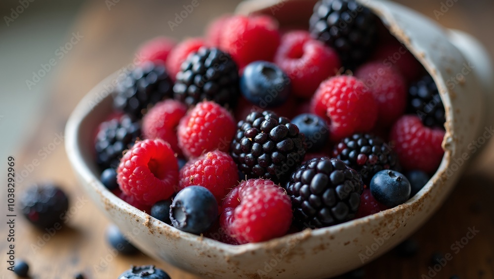 Fresh mixed berries in a ceramic bowl on wooden table Fresh mixed berries in a ceramic bowl on wooden table
