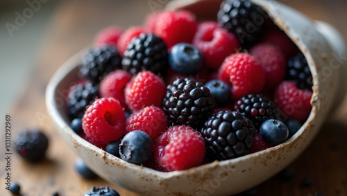 Fresh mixed berries in a ceramic bowl on wooden table