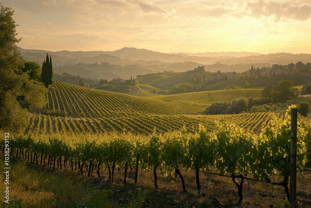 Naklejka premium Sunset Over Rolling Vineyards Bathed in Golden Light