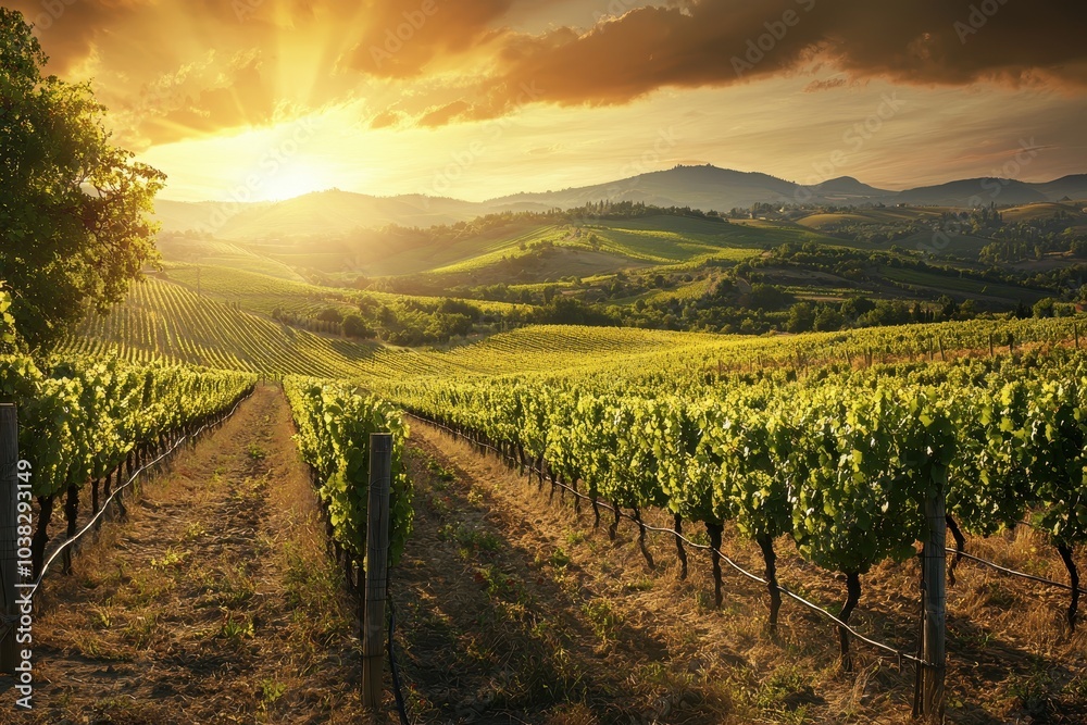 Naklejka premium Serene Vineyards Under Golden Sunset Light