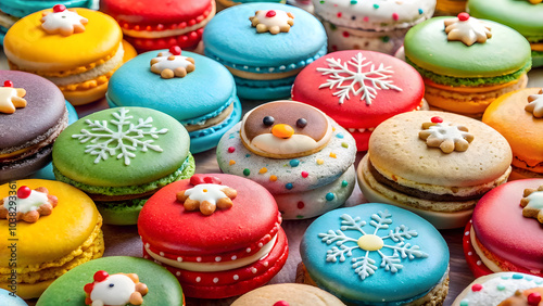 Christmas Macarons with Snowflakes and Santa Patterns. Perfect for: Christmas, winter holidays, festive parties