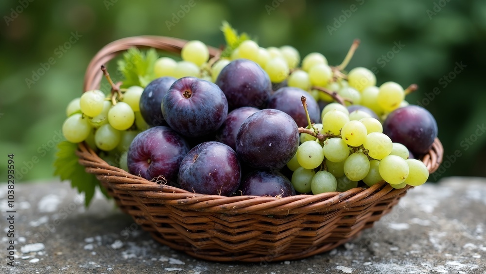 Freshly picked plums and grapes in rustic basket on stone table Freshly picked plums and grapes in rustic basket on stone table
