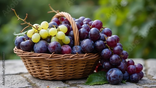 Freshly picked plums and grapes in rustic basket on stone table