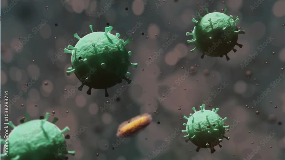 Animated 3D rendering of green virus particles floating in a ...