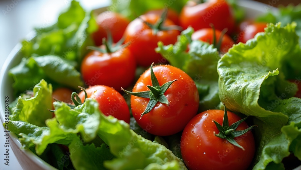 Freshly washed lettuce and cherry tomatoes in a salad bowl Freshly washed lettuce and cherry tomatoes in a salad bowl