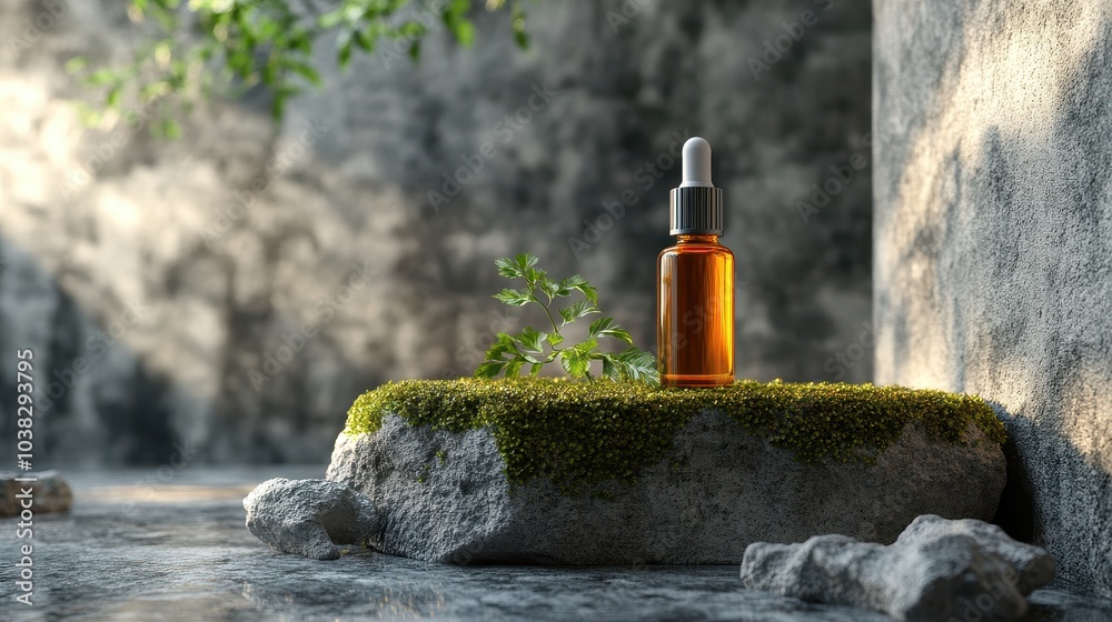 Serum and oil cosmetic bottle on a concrete stone with moss podium Generative AI Serum and oil cosmetic bottle on a concrete stone with moss podium Generative AI