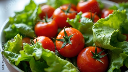 Freshly washed lettuce and cherry tomatoes in a salad bowl