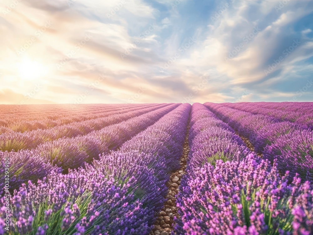 Naklejka premium Lavender Fields in Full Bloom Under Bright Sunlight