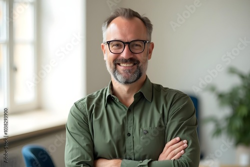 Smiling older bank manager or investor, happy middle aged business man boss ceo, confident mid adult professional businessman executive standing in office, mature entrepreneur headshot portrait