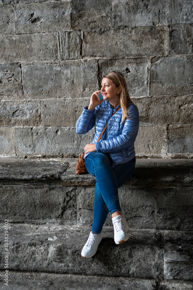 Beautiful young woman wearing jeans and jacket sitting on stone wall against background of stone wall of old building talking on phone on autumn day. Break in sightseeing in old town. Bergamo, Italy. Beautiful young woman wearing jeans and jacket sitting on stone wall against background of stone wall of old building talking on phone on autumn day. Break in sightseeing in old town. Bergamo, Italy.